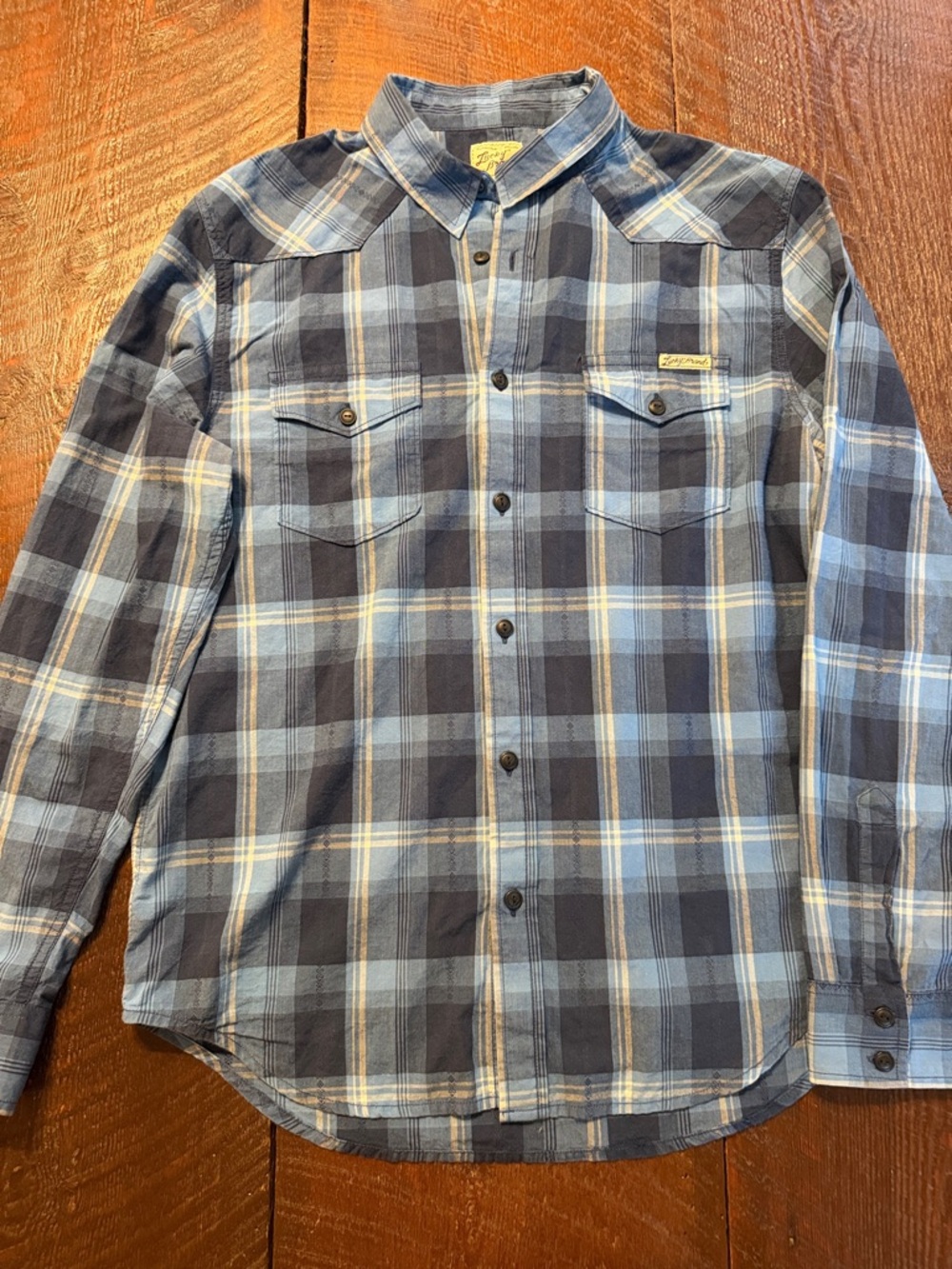 Lucky Brand Men’s L Blue Plaid Button Down Shirt Long Sleeve Flannel Lightweight